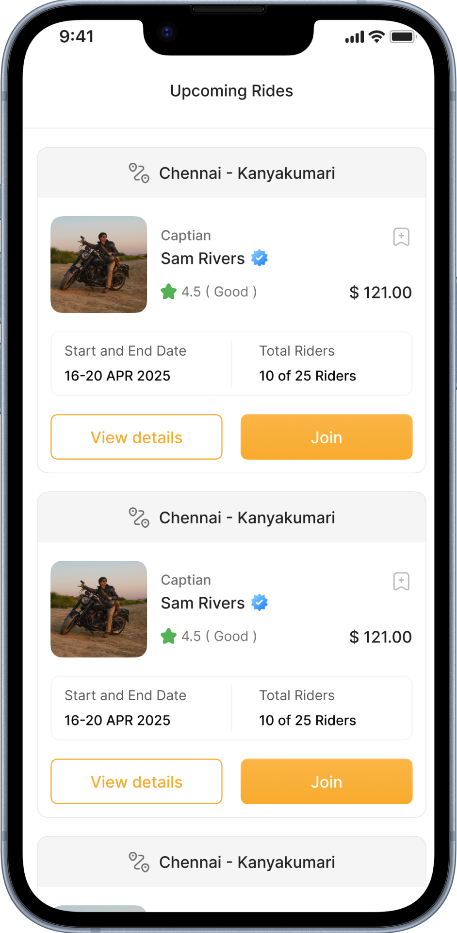 Upcoming group rides screen